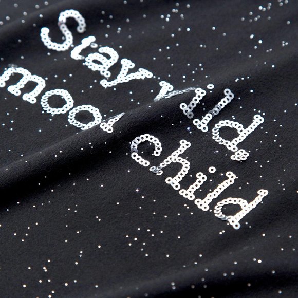 Silver Confetti TShirt, Sequins Relaxed Black Tee - Picture 3 of 7